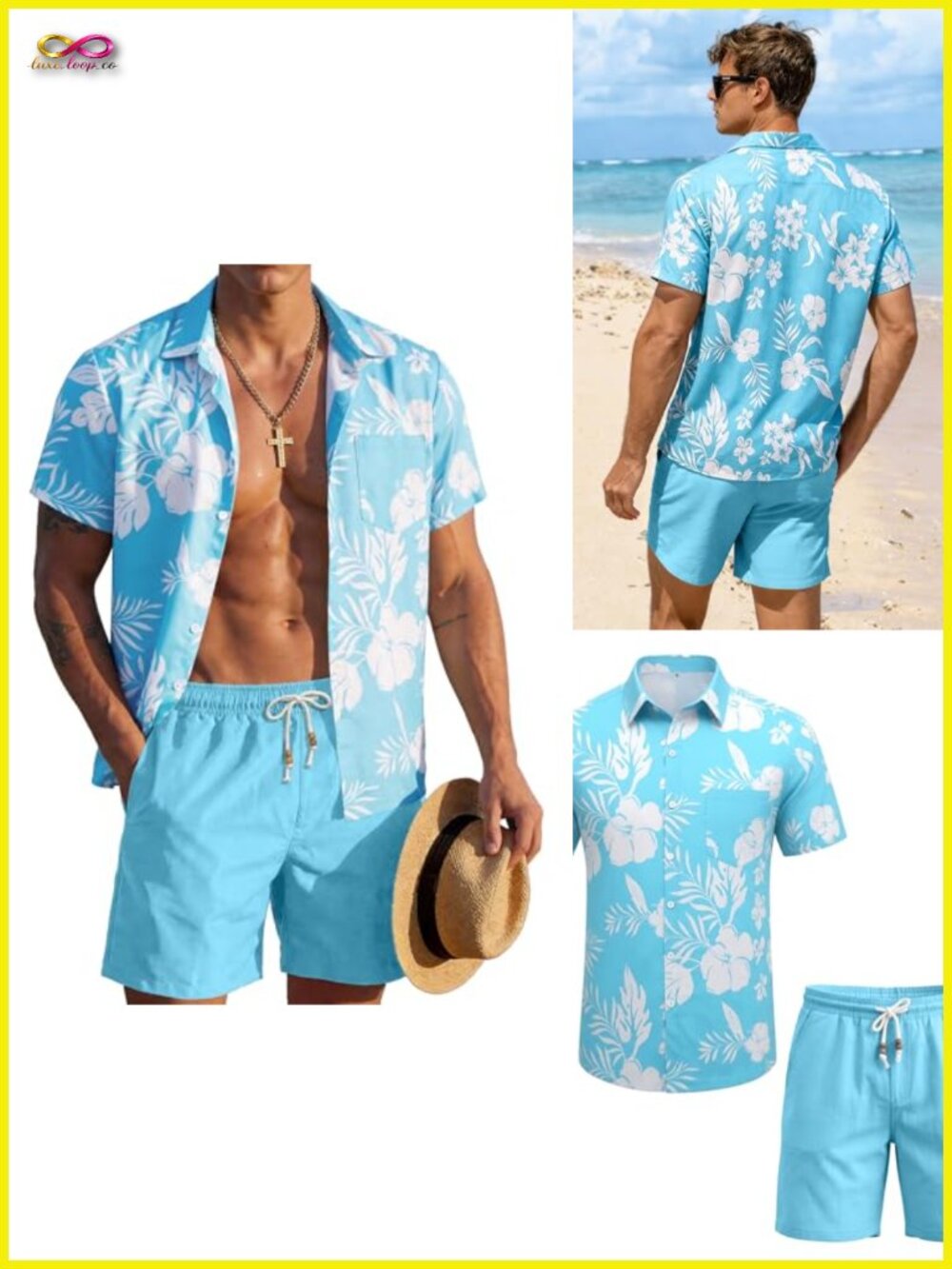 Men's Hawaiian 2 Piece Outfits Floral Button Down Shirt & Linen Shorts Set
